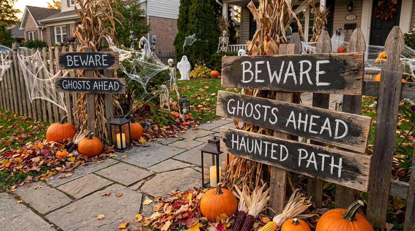 Handmade Halloween signs with spooky messages placed along a front yard path