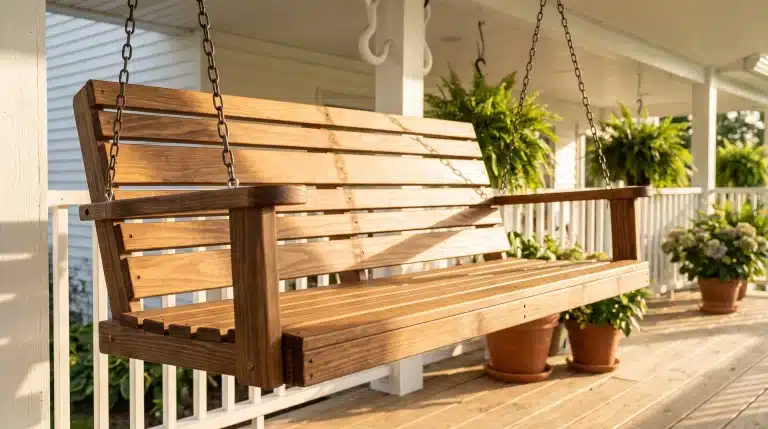 Finished slatted DIY porch swing in walnut stain hanging from white porch ceiling on US front porch with timber decking below.