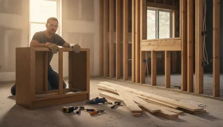 Man assembling wooden cabinet in unfinished room with tools and lumber on the floor