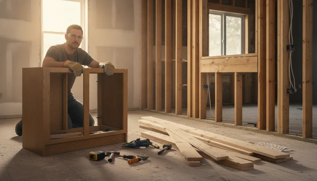 Man assembling wooden cabinet in unfinished room with tools and lumber on the floor