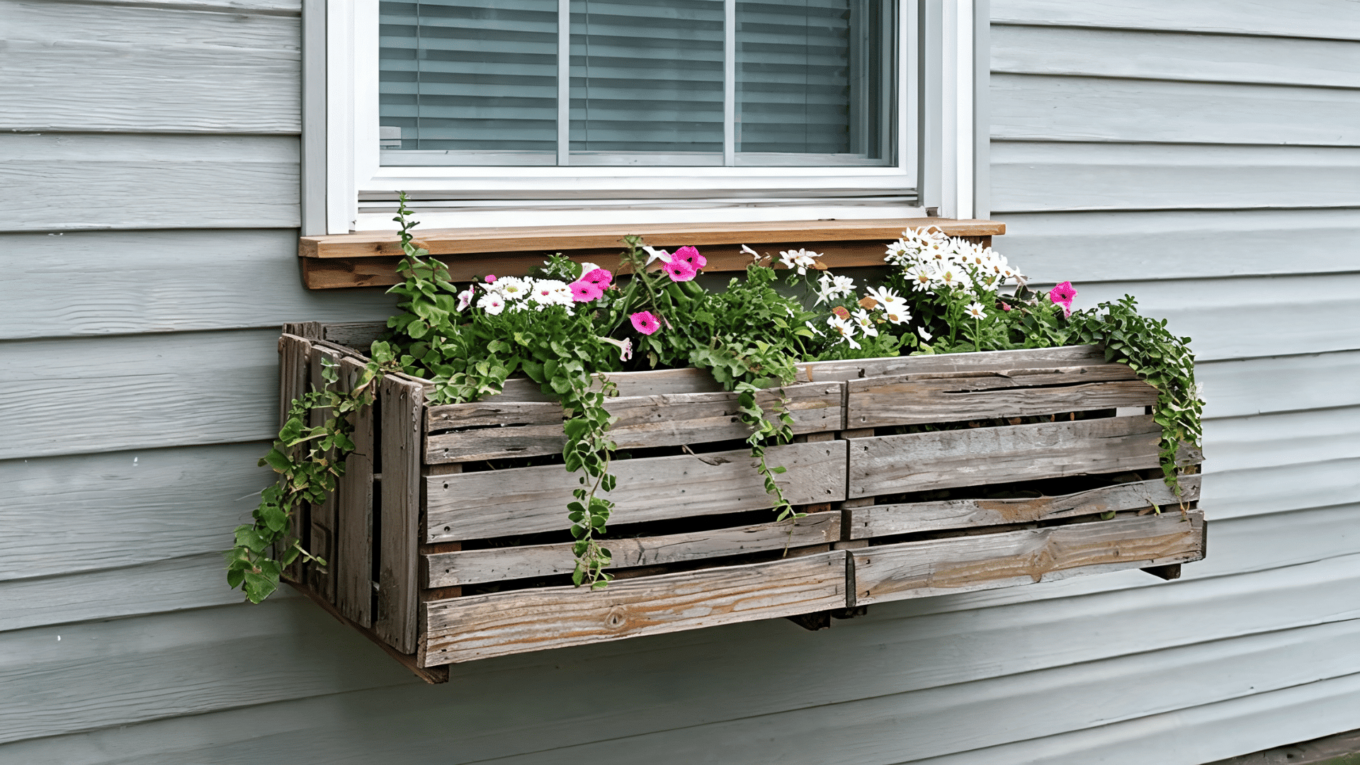 A rustic window box planter made from repurposed wooden pallet crates, filled with white daisies, pink flowers, and trailing green vines.