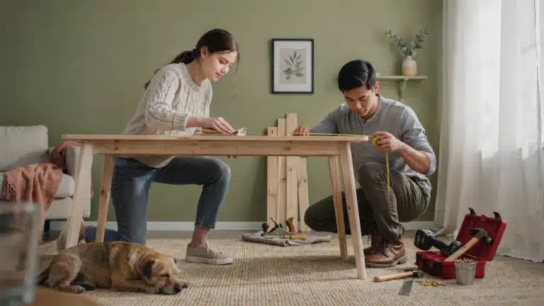 Couple building a DIY sofa table with wooden pieces and tools in a cozy American home featuring warm décor and natural textures.