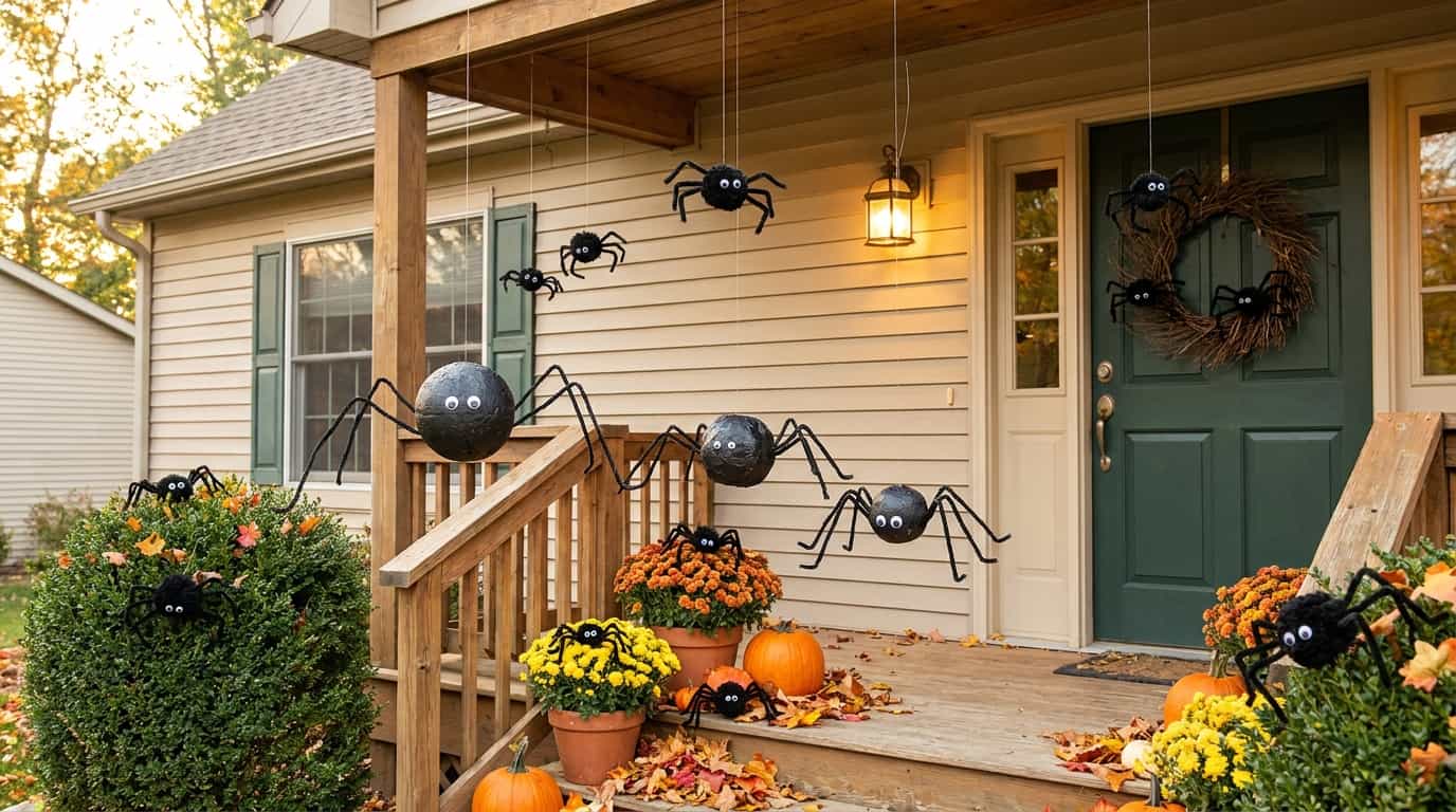 Handmade Halloween spiders created from recycled craft materials for outdoor decor
