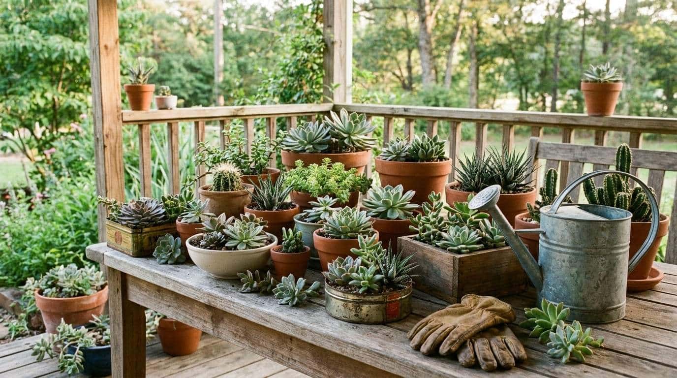 Table filled with different DIY succulent planter ideas.