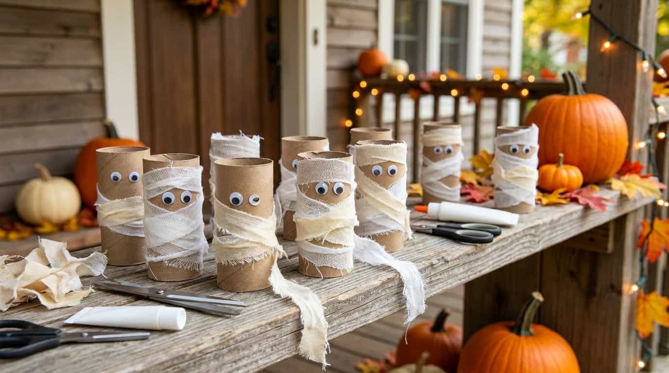 DIY toilet paper roll mummies wrapped in fabric strips for a Halloween craft display