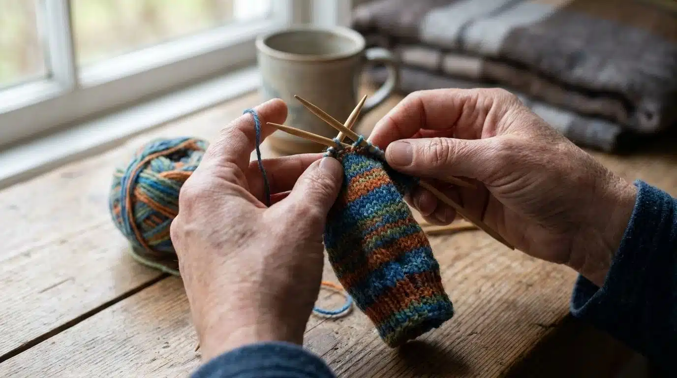 Hands splitting stitches evenly for the magic loop knitting setup