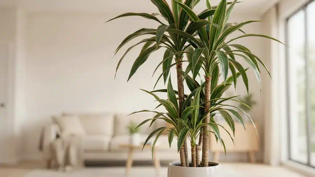 Dracaena plant with tall leaves in focus and a softly blurred indoor corner.