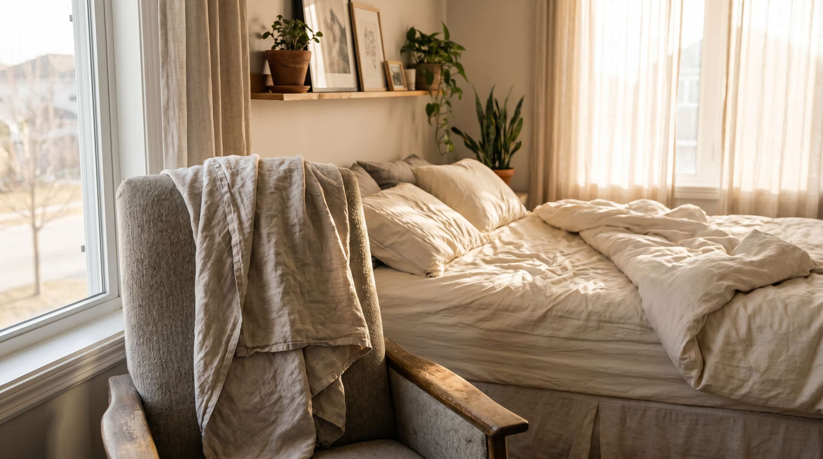 Bohemian interior design bedroom with sheer canopy, soft draped fabrics, natural textures, and warm sunlight.