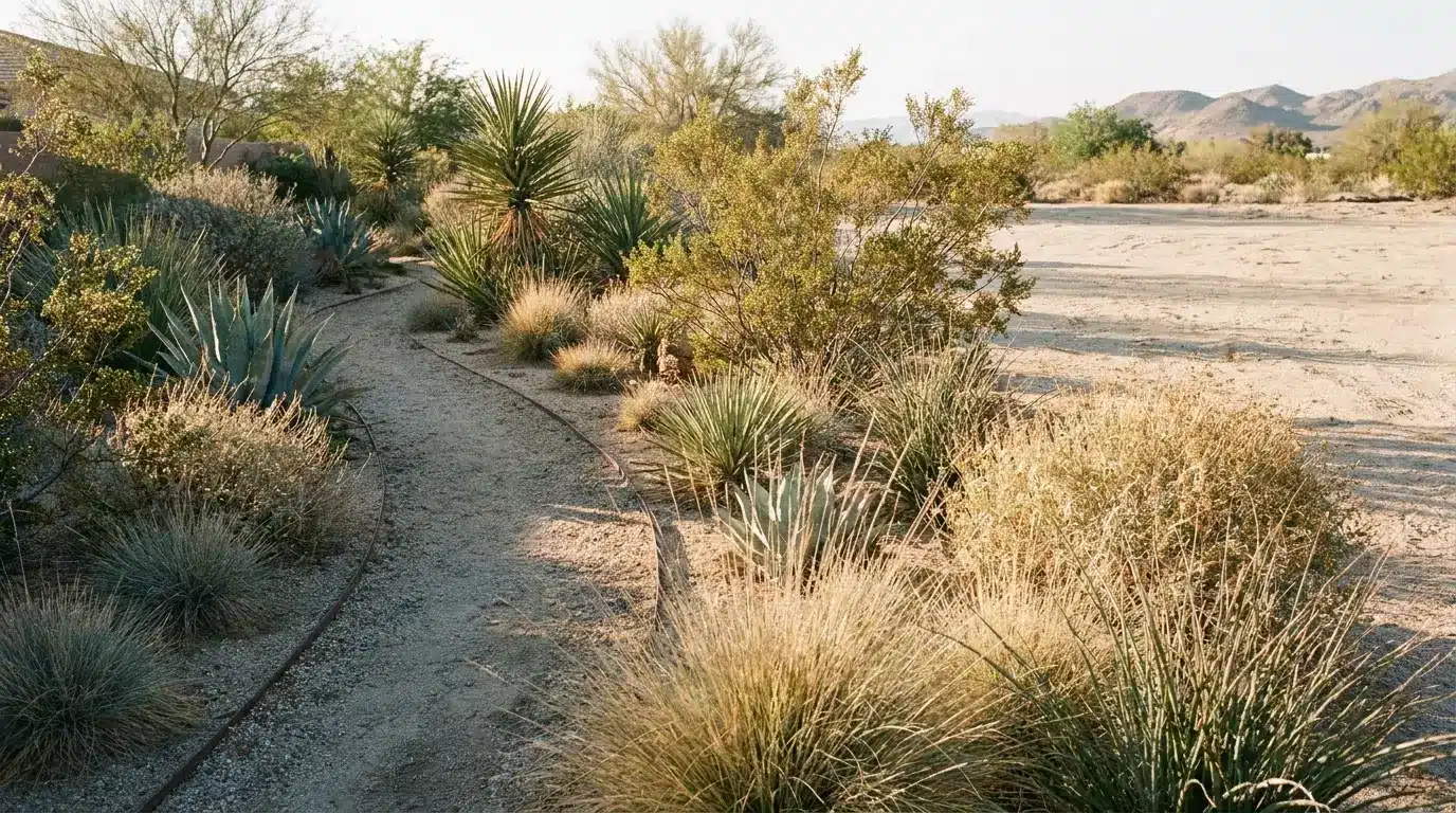Desert landscape with winding path, surrounded by various cacti and shrubs in sunlight