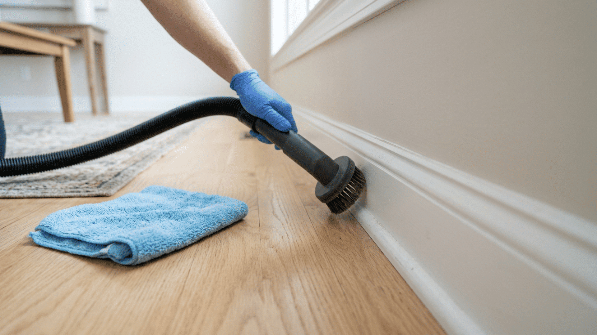 Vacuum brush and microfiber duster cleaning dust from baseboards along a wall