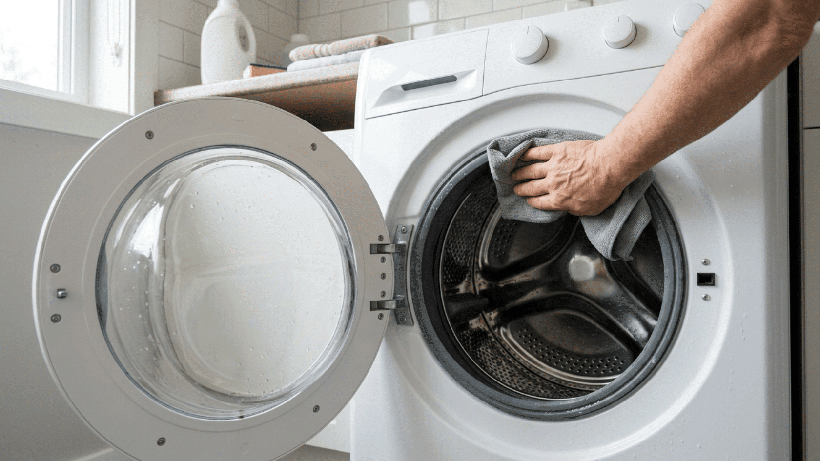 Hand wiping the inner drum of an open front load washing machine using a cloth.