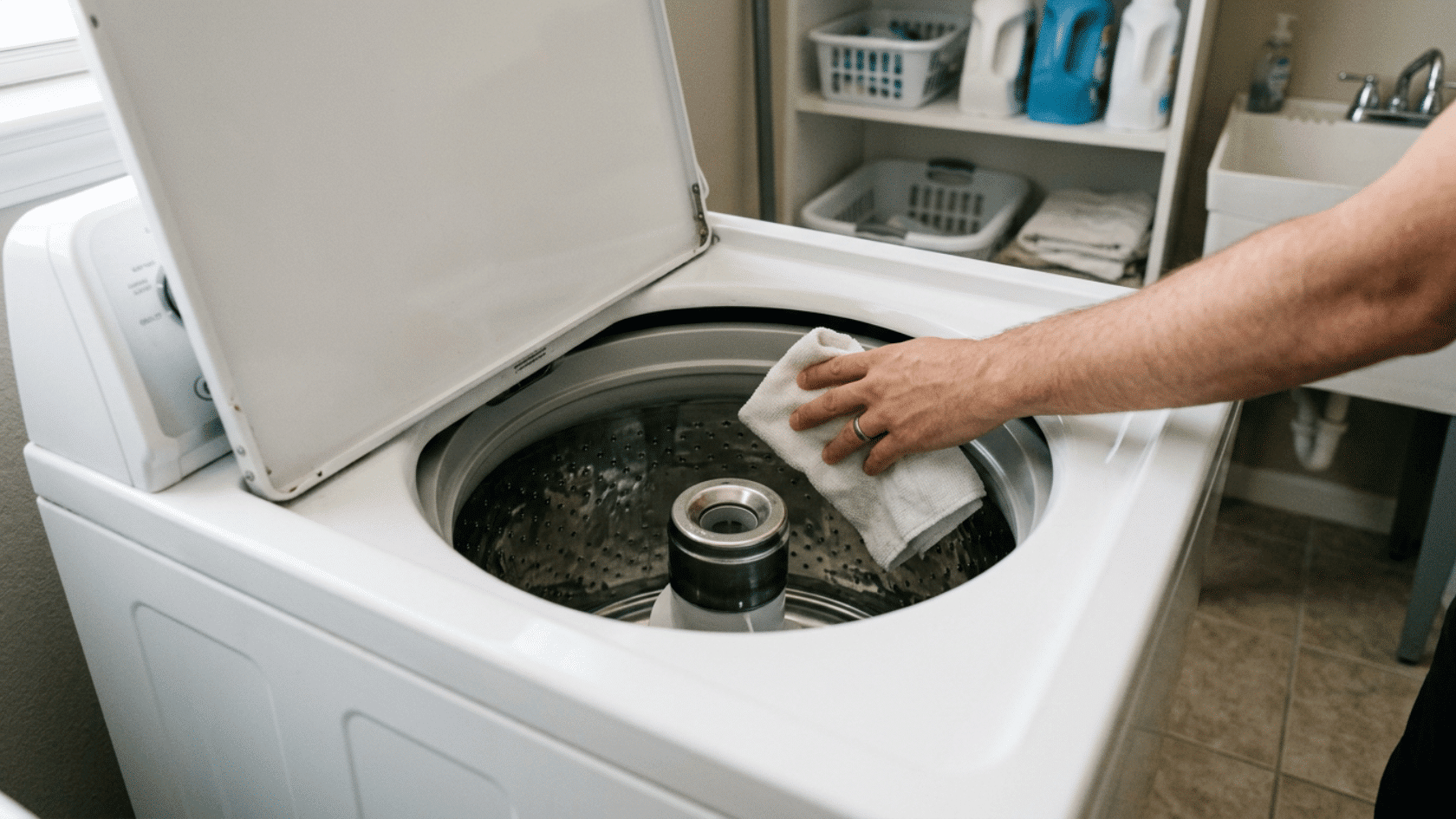 Top load washing machine with open lid and empty drum left to dry after cleaning cycle.