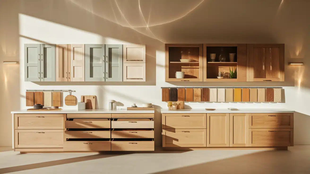 Modern wooden kitchen cabinetry with open drawers showing organizers, glass upper cabinets, and a display of finish samples.