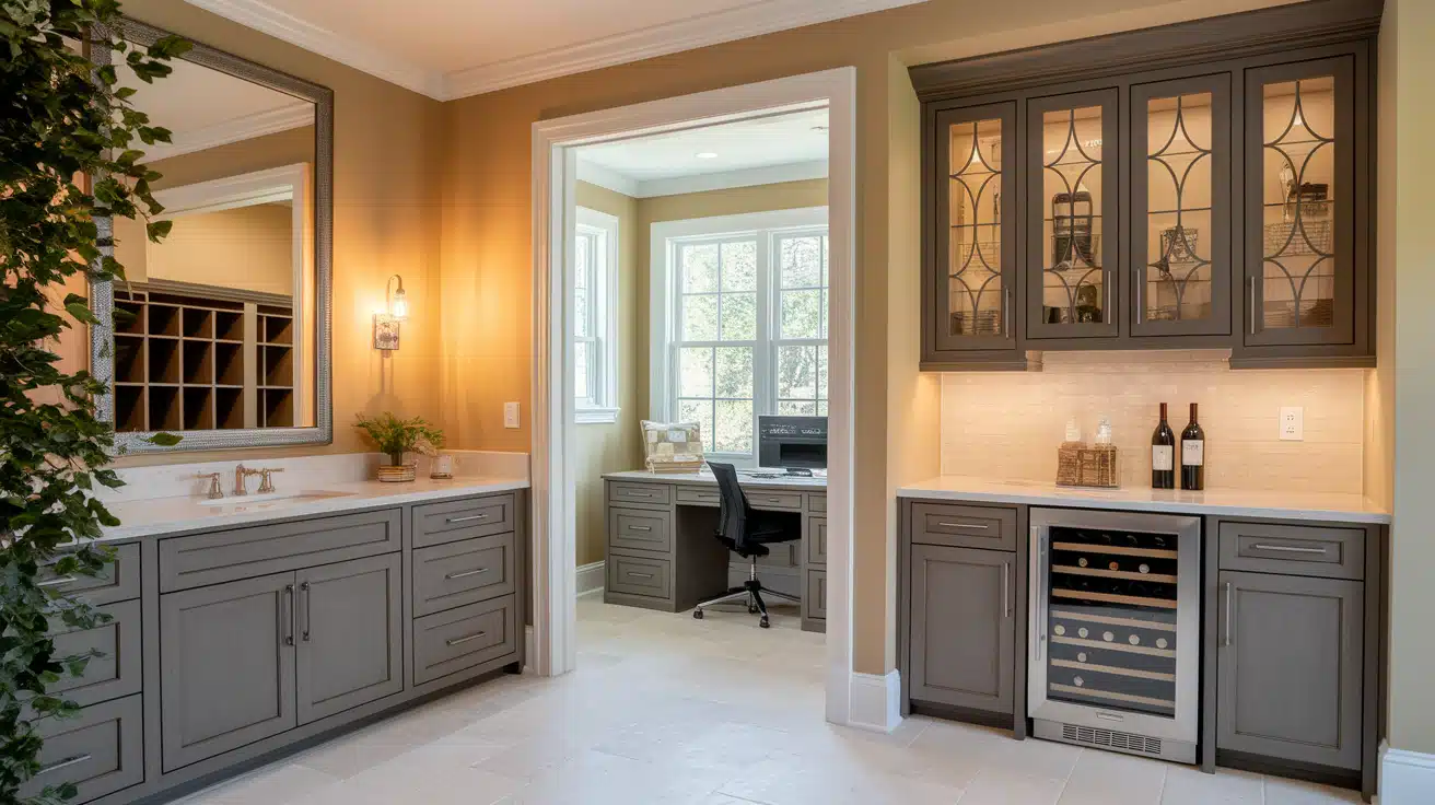 A home interior featuring a bathroom vanity with a large mirror alongside a home bar setup with gray cabinets and a wine cooler.