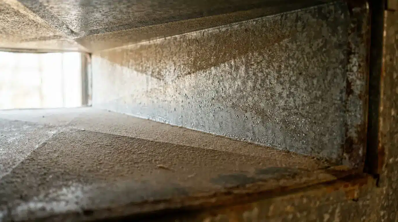 Dusty and rusted metal air duct with visible condensation in dim lighting