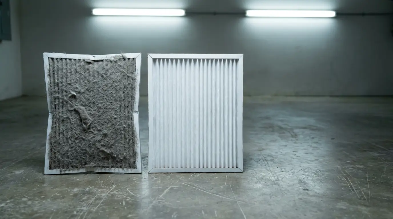 Dirty air filter next to clean air filter on concrete floor in dimly lit room