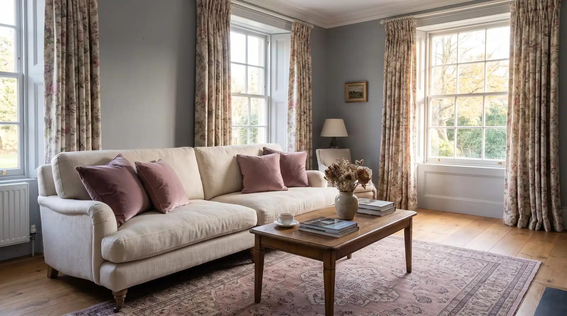 Full living room with gray walls Benjamin Moore Pale Berry mauve rug and cream linen sofa.