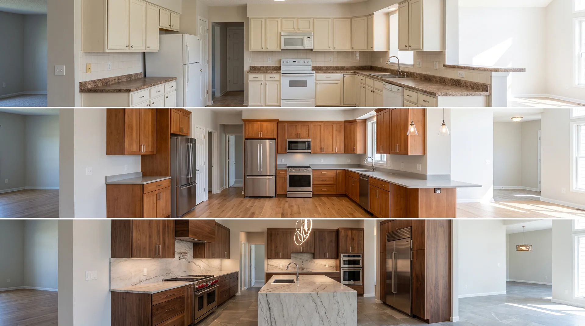 Three stacked images comparing different kitchen remodel tiers: a basic white kitchen, a mid-range wood kitchen, and a luxury setup.