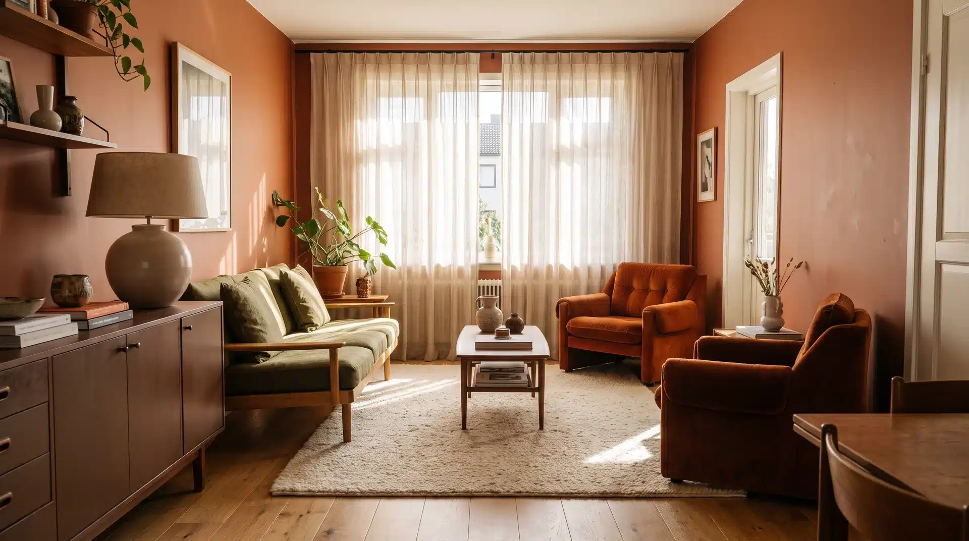 Warm terracotta living room with olive accents and retro earthy decor.