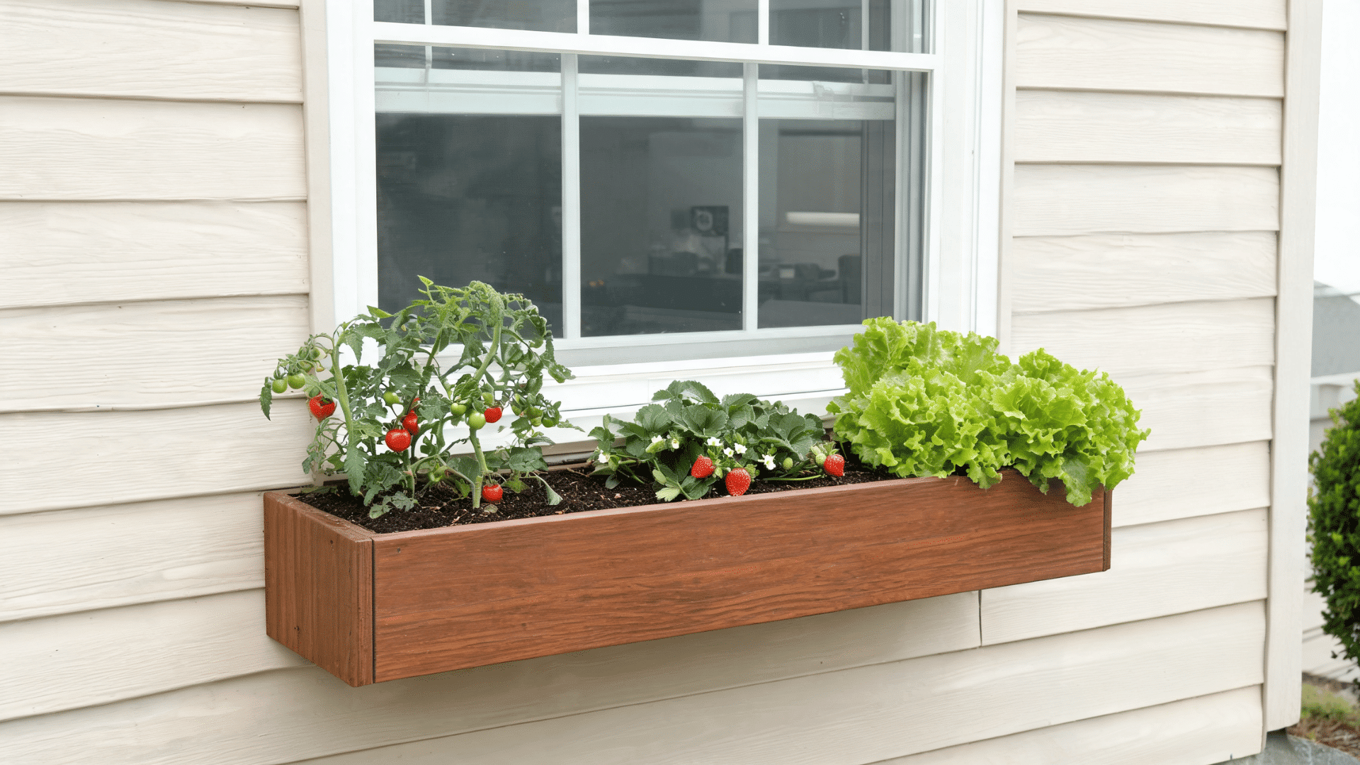 A wooden window box planter filled with small cherry tomato plants, strawberries, and bright green leafy lettuce, mounted below a window.