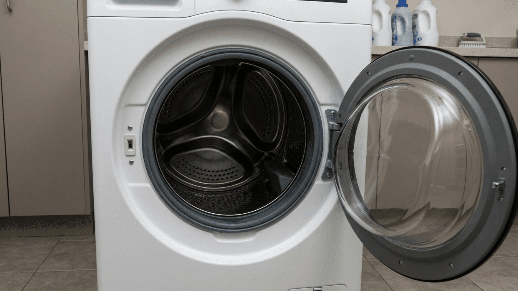 Open front load washing machine with empty drum in laundry area before cleaning starts