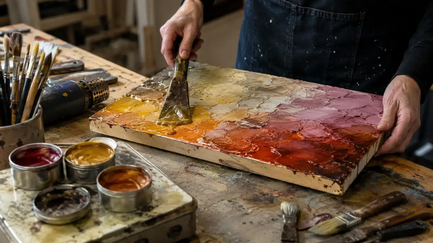 Artist spreading heated pigmented wax across a textured panel with a palette knife in an encaustic painting studio.