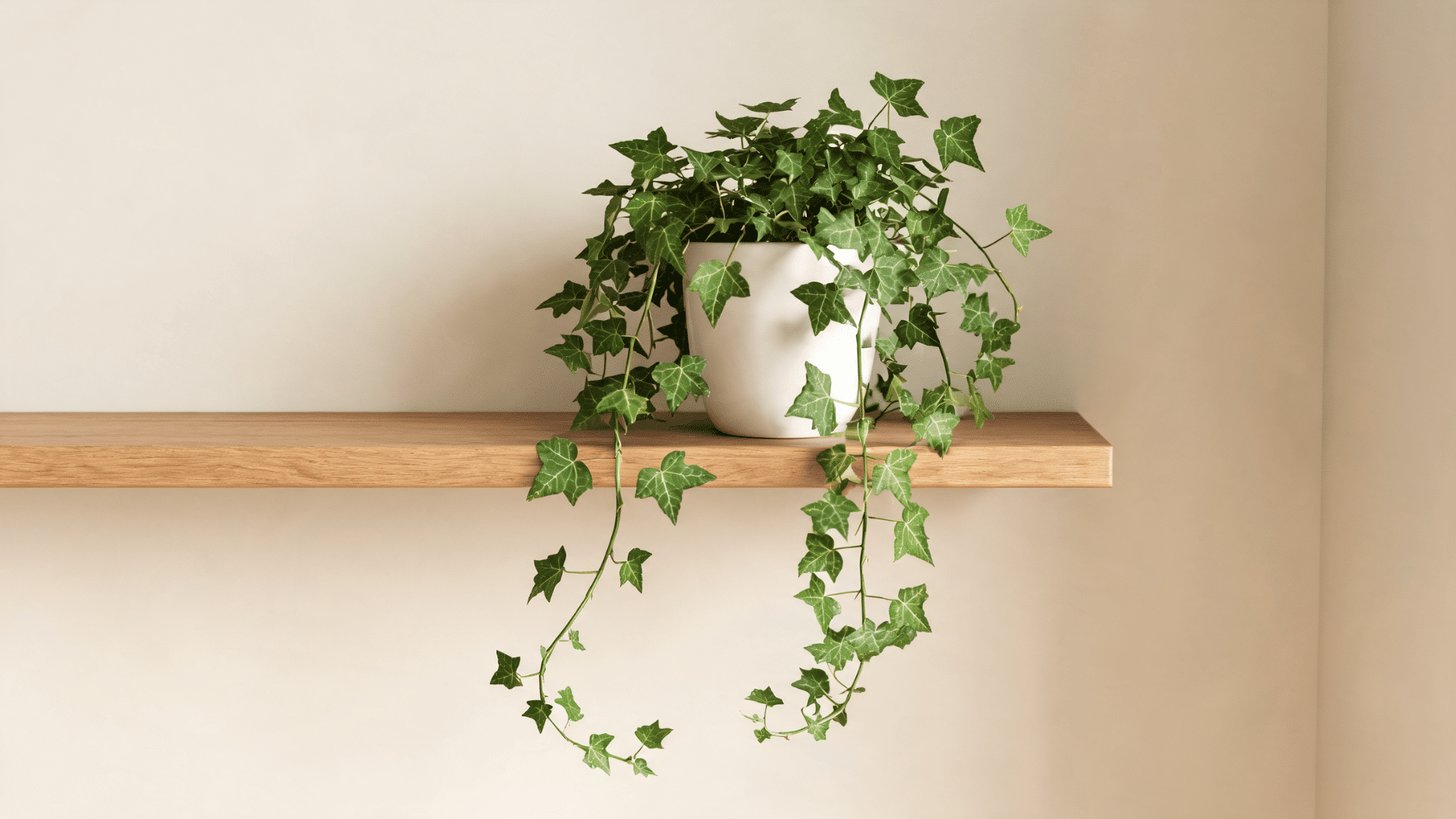 English ivy with trailing green vines and lobed leaves growing from an indoor pot