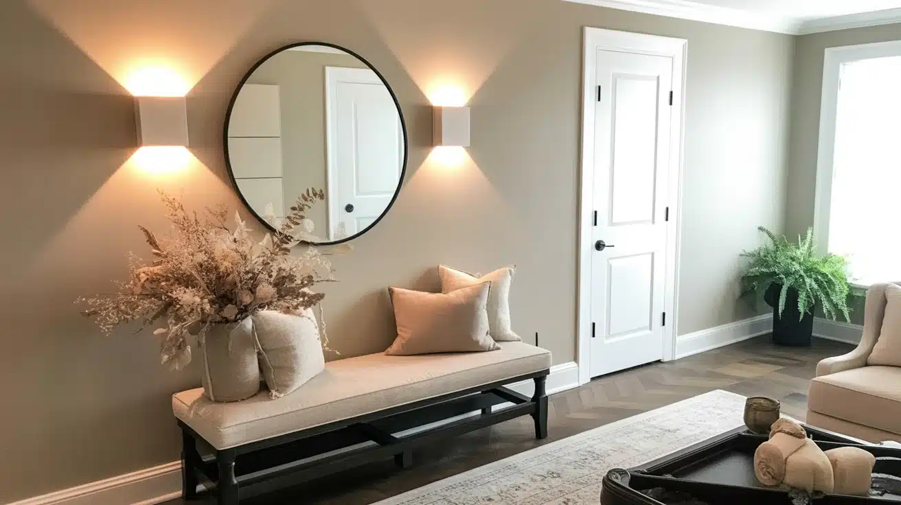 A bright entryway with beige walls, a round mirror over a bench, modern wall sconces, and a white interior door.
