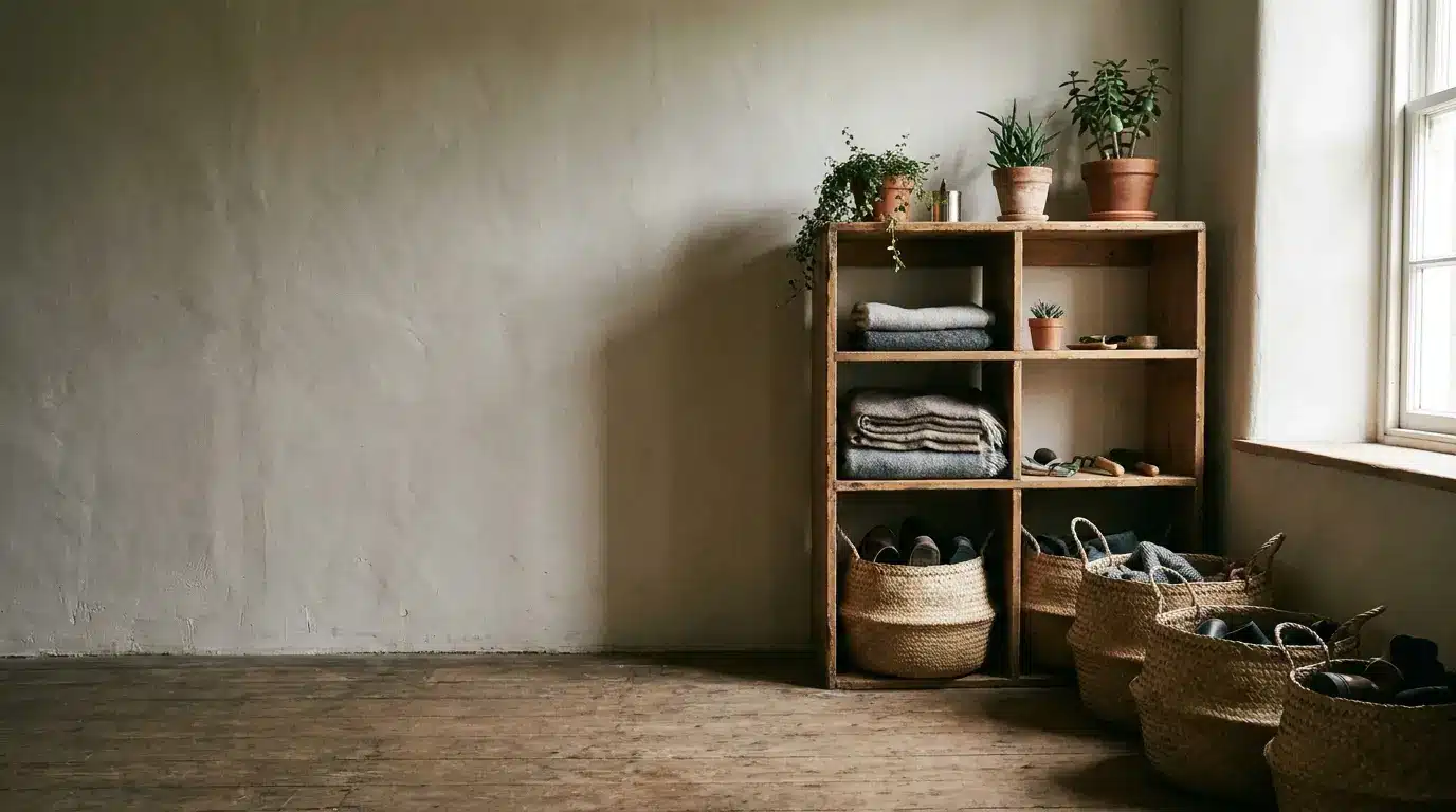 Wooden shelf with folded blankets and potted plants in minimalist room with natural light