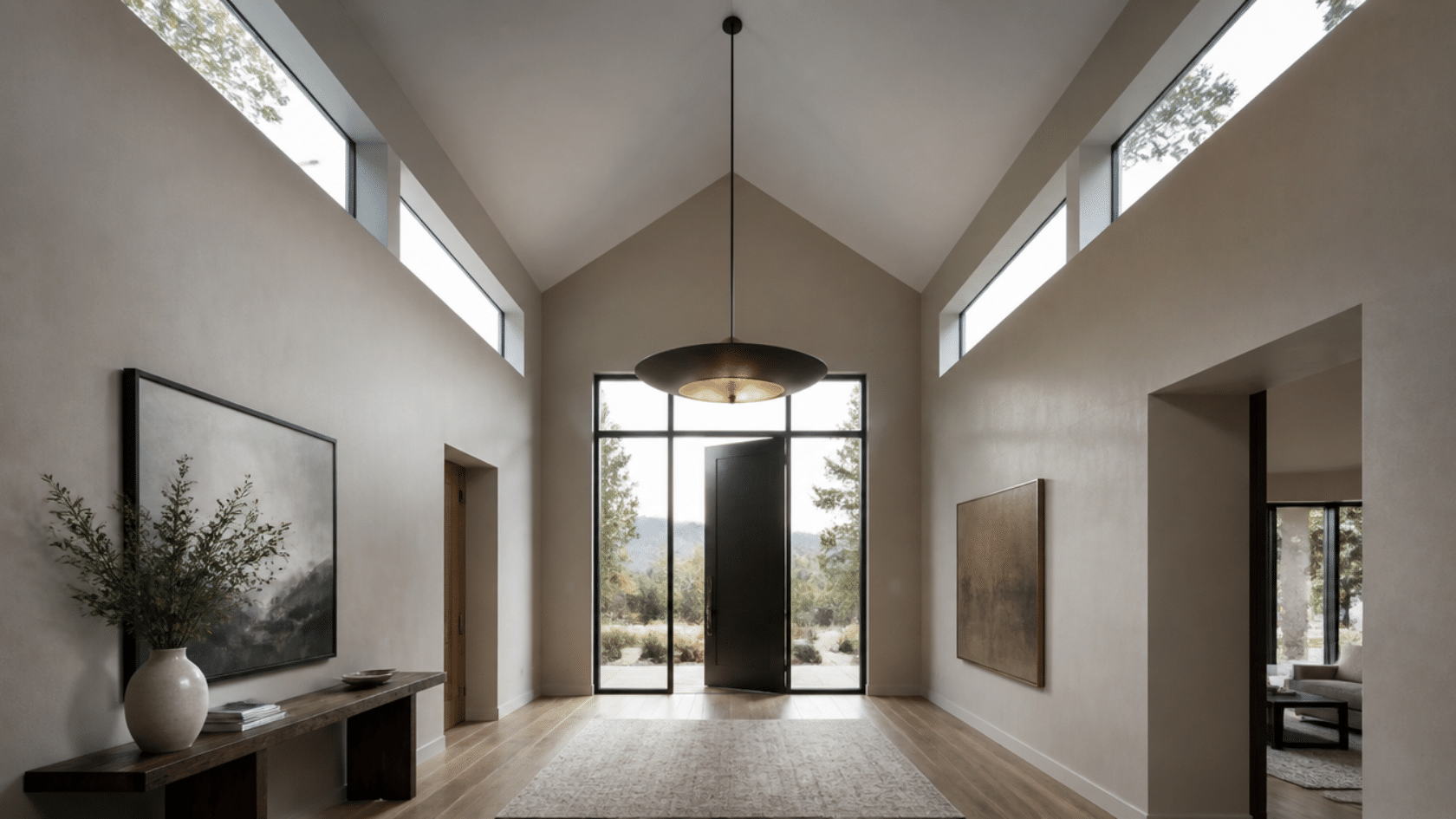 Entryway with cathedral ceiling and dramatic pendant light with clerestory windows on sides bringing natural light