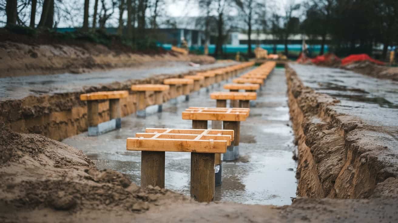 Two parallel rows of concrete foundation piers capped with wooden blocks, installed in trenches on a dirt construction site.