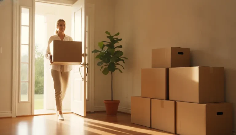 Person carrying cardboard box into sunlit room with potted plant and stacked boxes