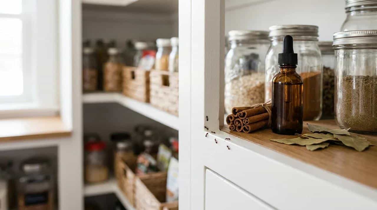 Peppermint oil, cinnamon, and bay leaves used as natural sugar ant deterrents near a pantry.