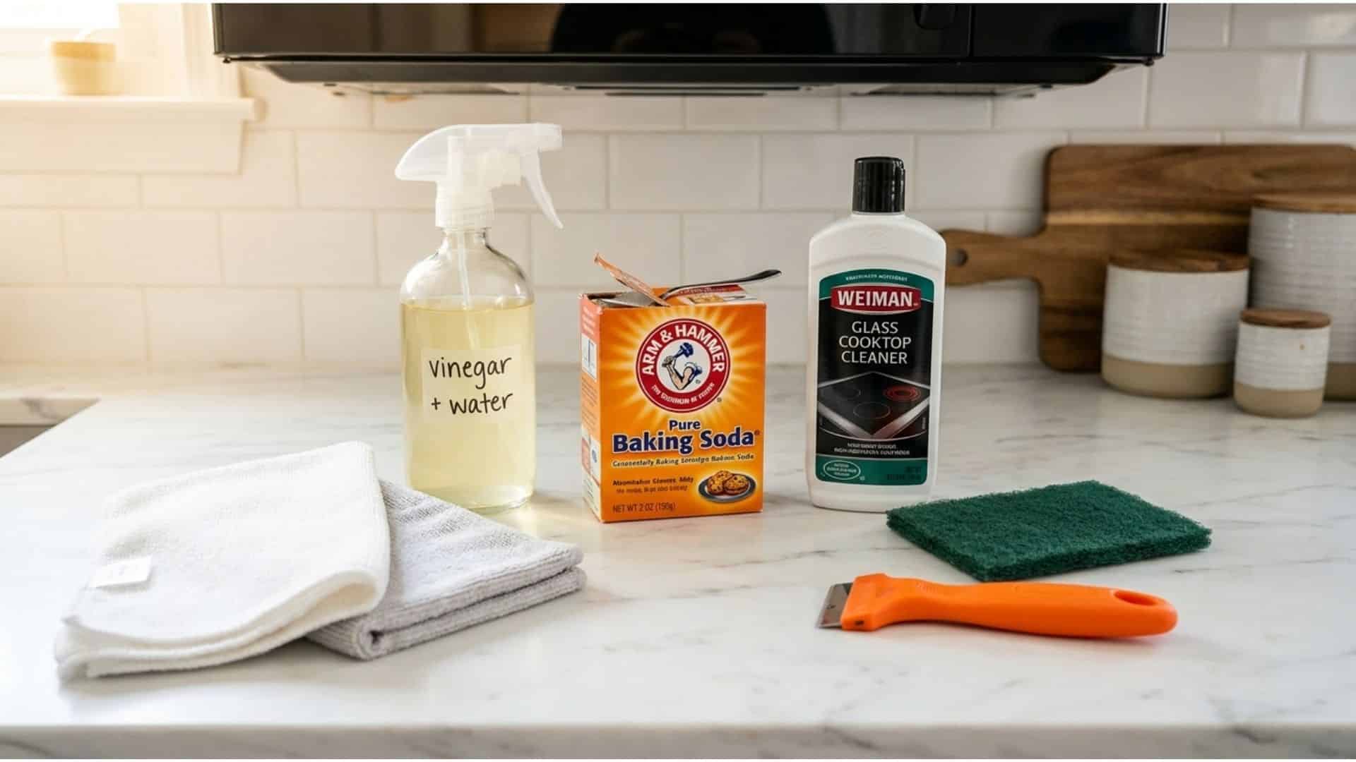 A flat lay of glass stovetop cleaning supplies on a white marble counter including two microfiber cloths, a vinegar spray bottle, open baking soda box, Weiman cooktop cleaner, non-abrasive sponge, and a single-edge razor scraper.