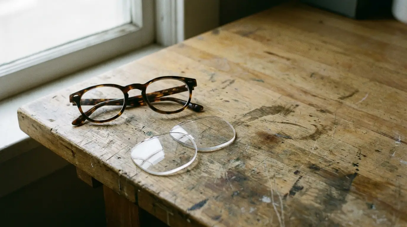 Tortoiseshell eyeglasses with lenses removed on a wooden table near window