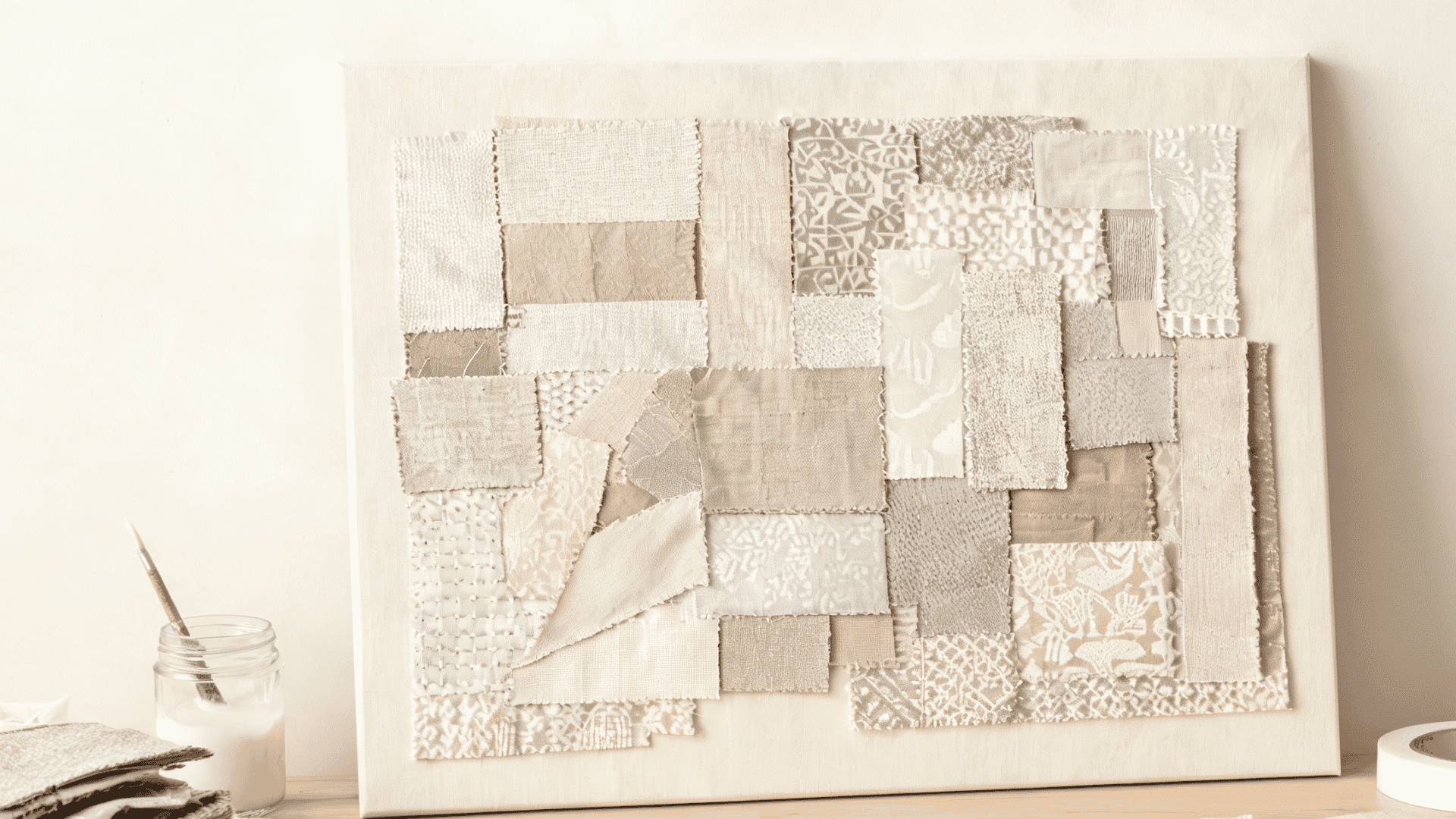 Fabric art showing a textile collage with layered fabric pieces