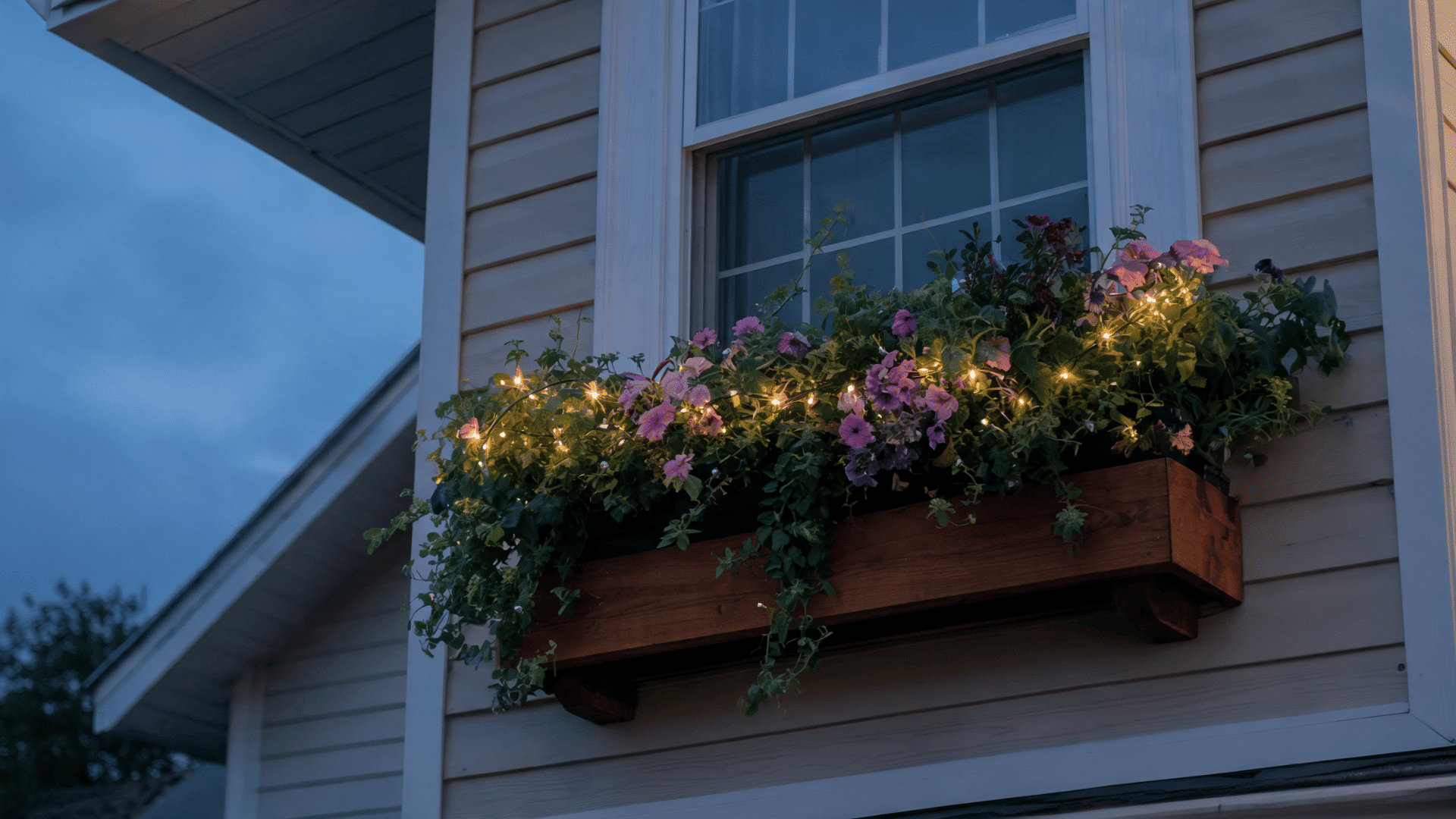 A wooden window box planter at dusk filled with pink and purple petunias, cascading greenery, and woven warm-white fairy lights.