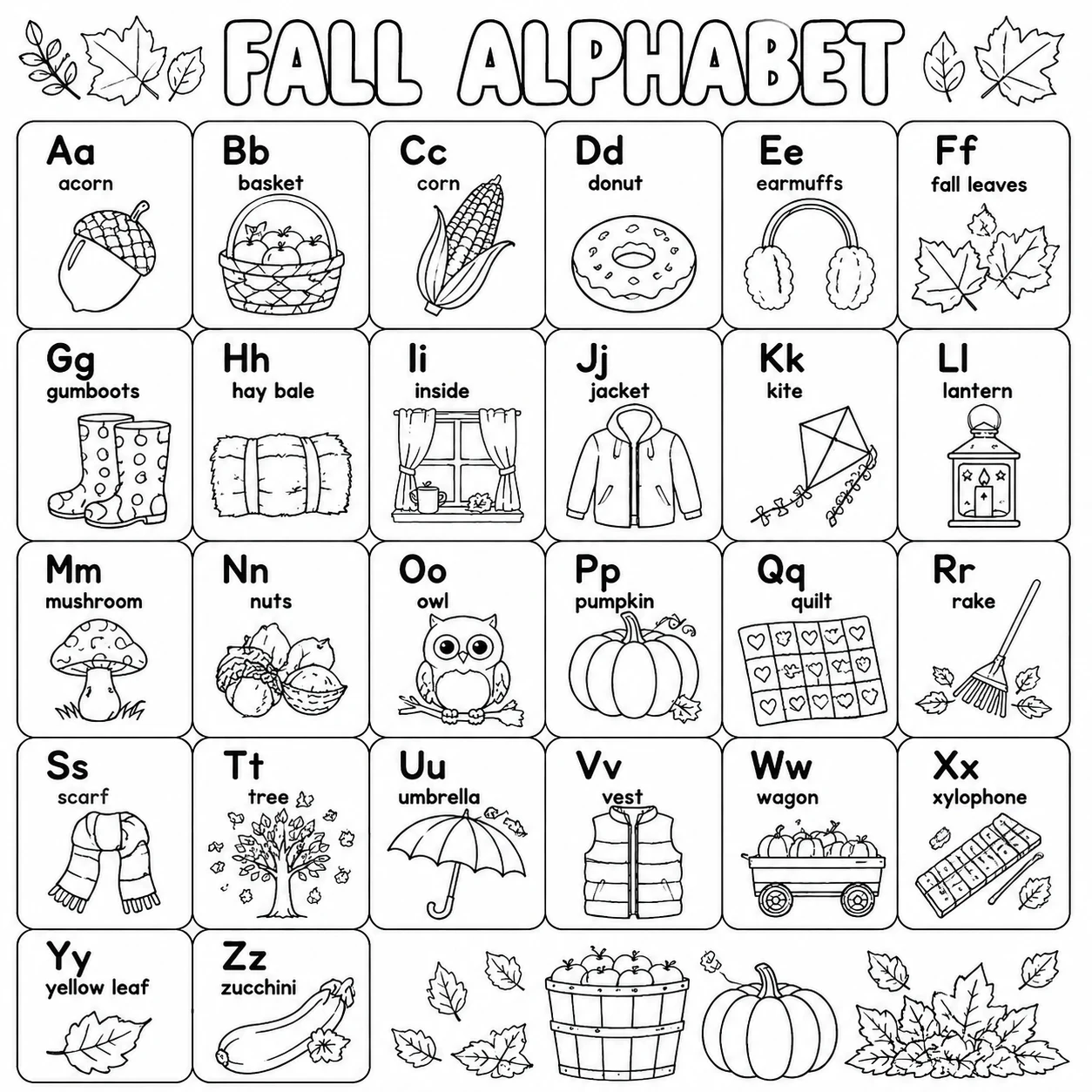 Fall alphabet coloring page with autumn words and seasonal objects for kids to color and learn letters