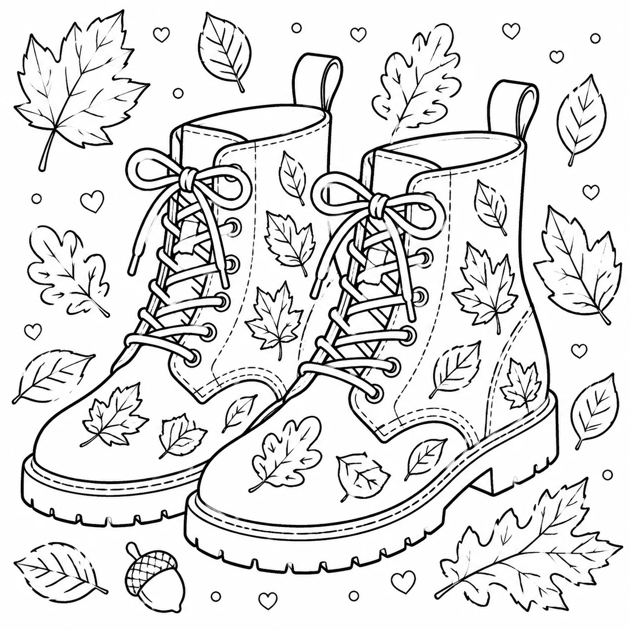 Fall boots coloring page with leaf-decorated boots and autumn details for kids to color and enjoy