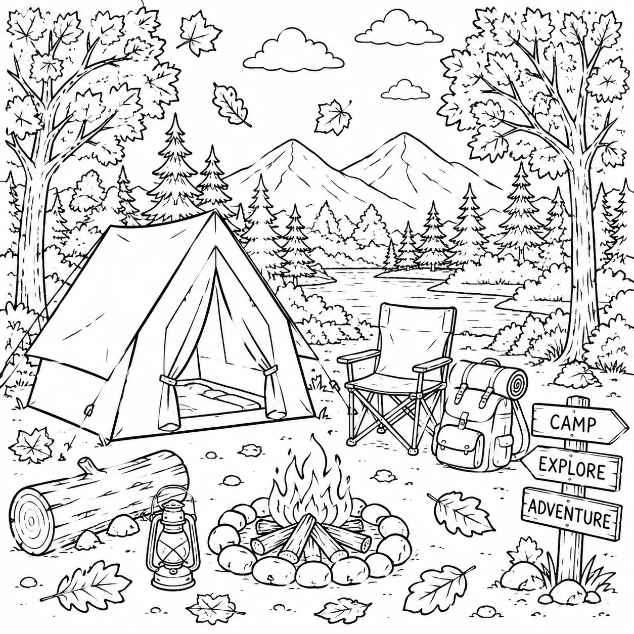Fall camping coloring page with a tent, campfire, trees, and outdoor adventure scene for kids.