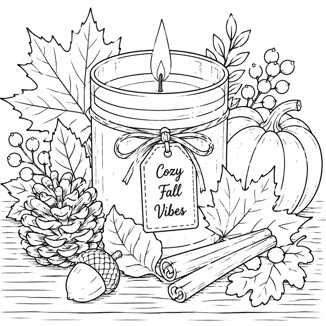 Fall candle coloring page with a cozy lit candle, pumpkins, leaves, and autumn decorations.