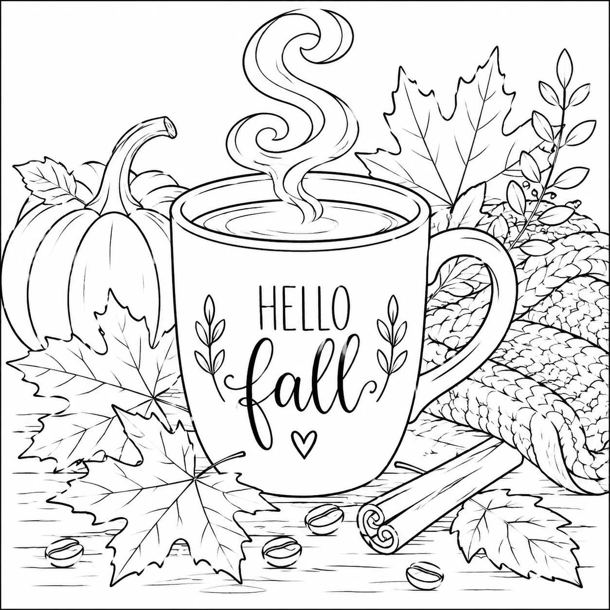 Fall coffee coloring page featuring a cozy mug, autumn leaves, pumpkins, and seasonal decorations.