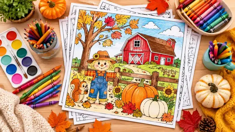 Fall coloring pages with colorful autumn artwork, crayons, paint supplies, and creative craft materials for kids.