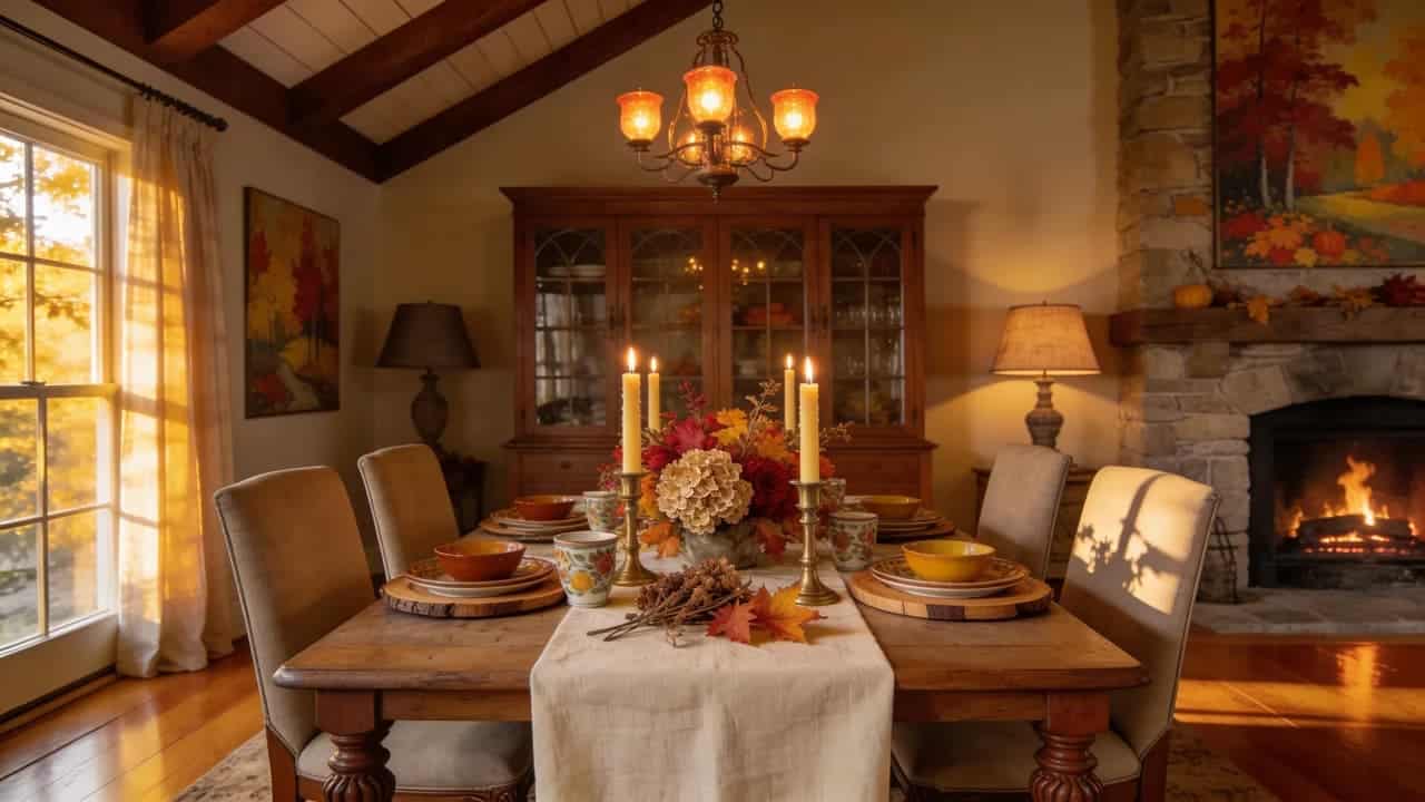 Fall dining room design with seasonal table setting and natural textures and warm decor.