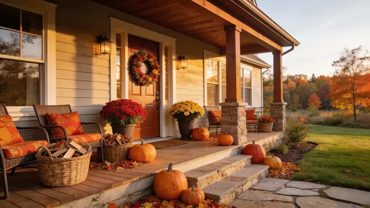 Fall entryway and porch design with seasonal plants, wreath, and outdoor decor.