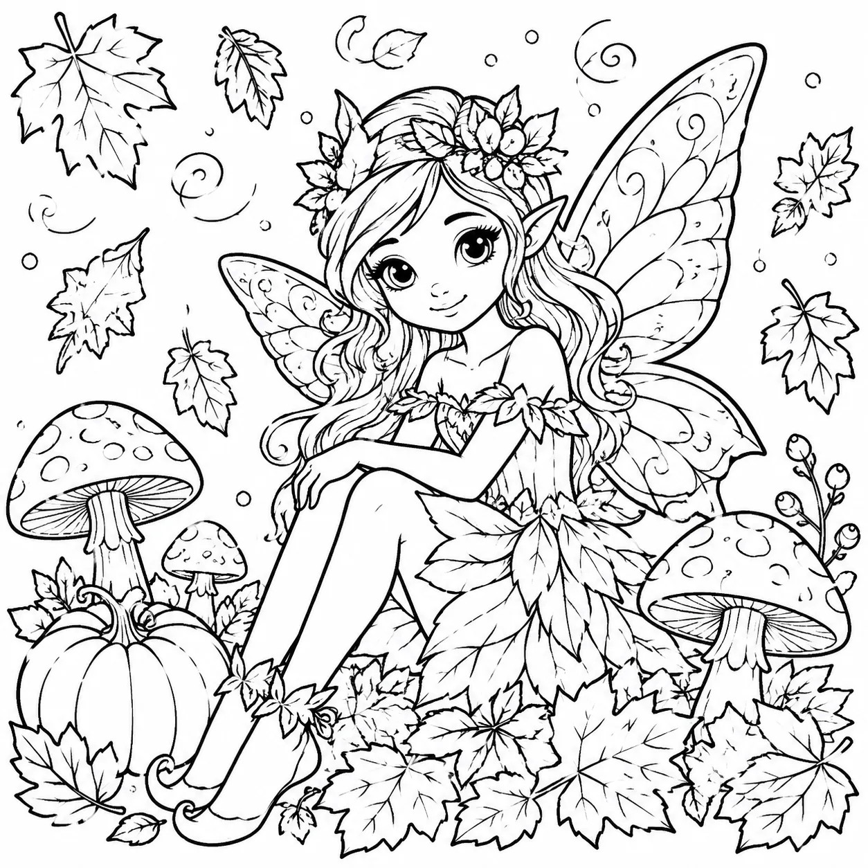 Fall fairy coloring page with a magical fairy, autumn leaves, mushrooms, and seasonal forest details for kids.