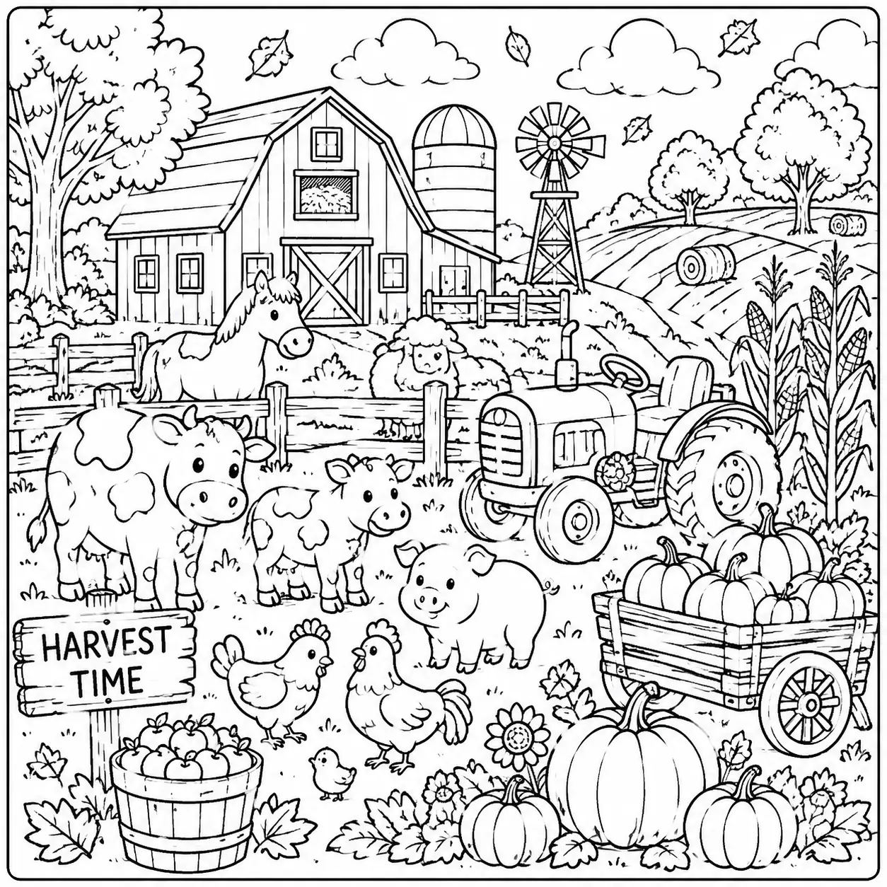 Fall farm coloring page with barn, animals, fields, and harvest elements for kids to enjoy coloring.