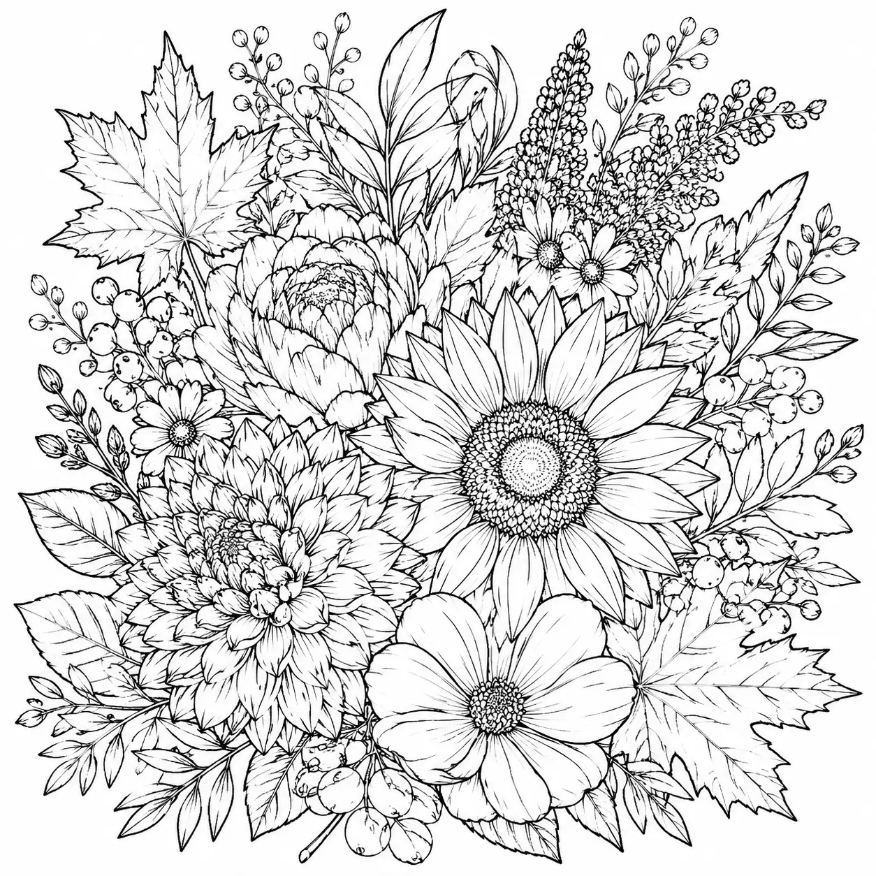 Detailed fall floral coloring page with seasonal flowers and foliage for adults to enjoy coloring