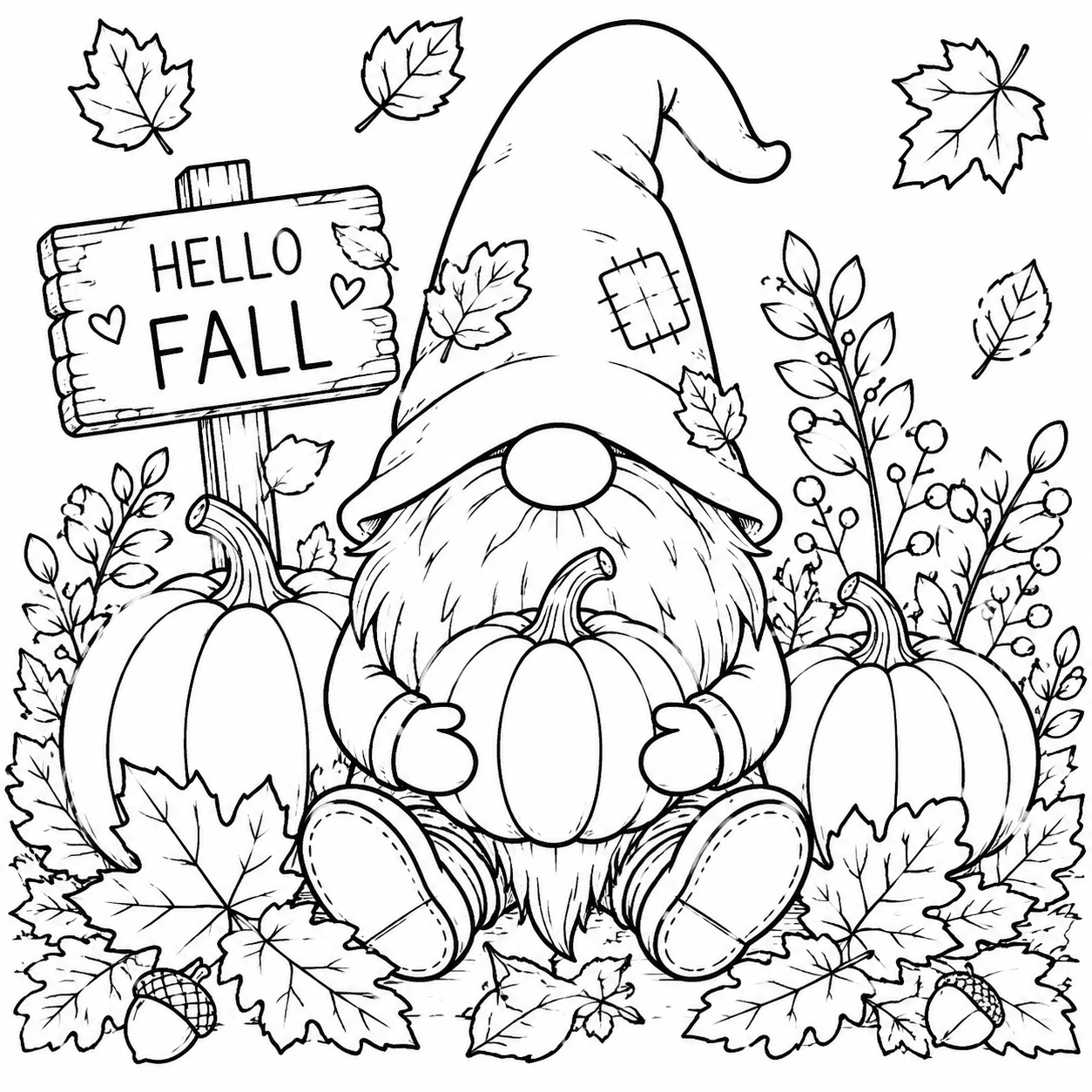 Fall gnome coloring page featuring a cute gnome surrounded by pumpkins, leaves, and autumn decoration
