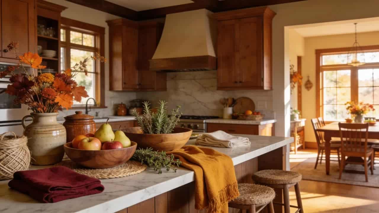 Fall kitchen design with natural materials, seasonal accents, and warm decor.